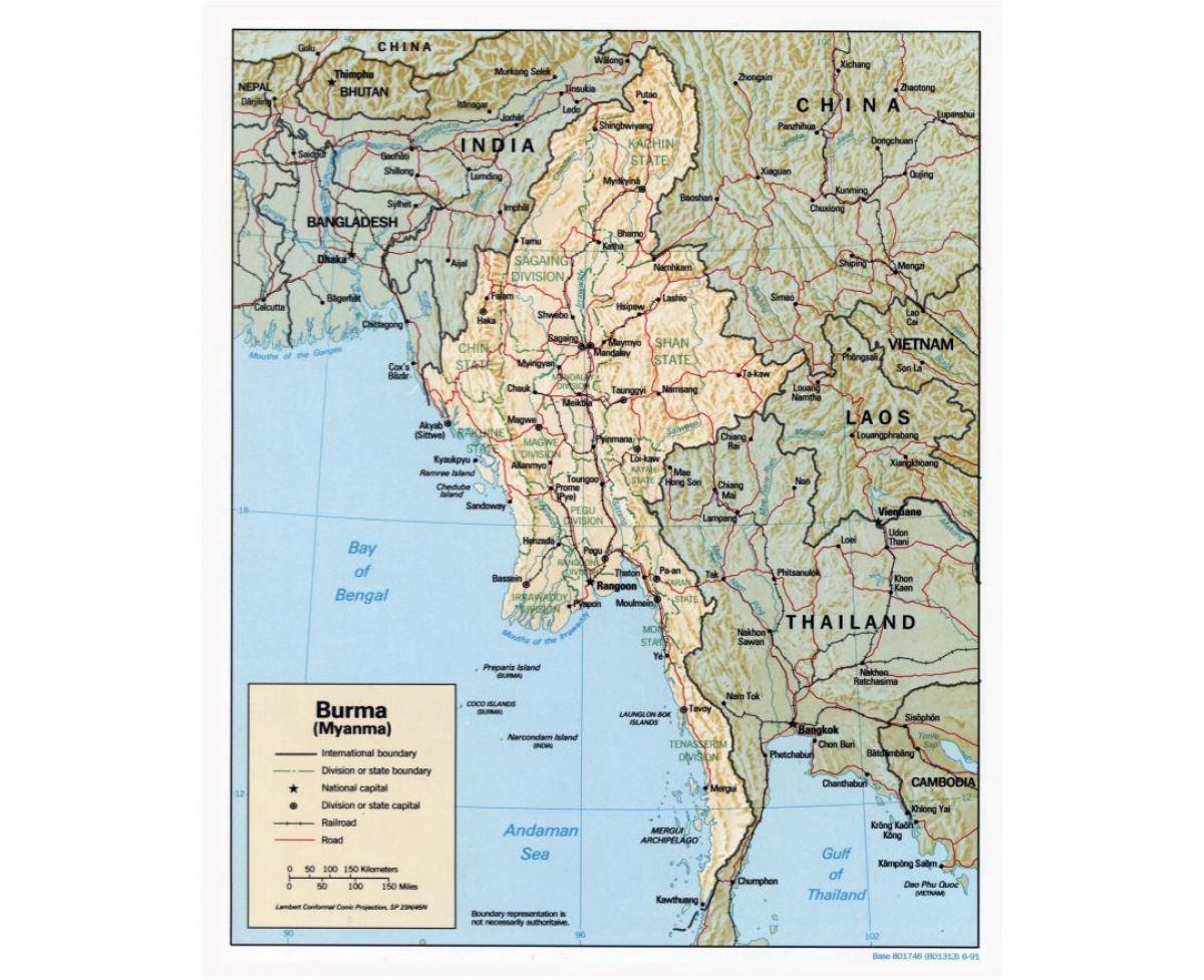 harta e Mianmar me qytetet